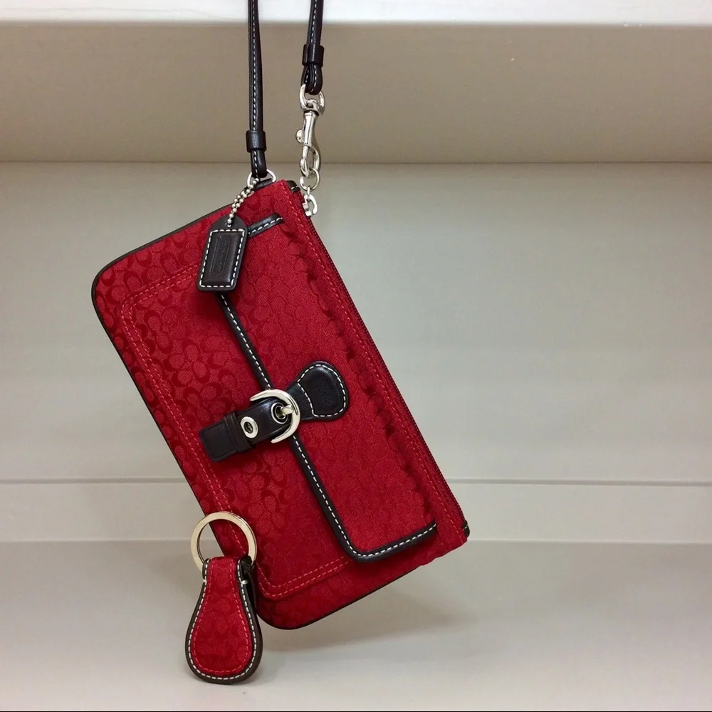 ✨ Coach Vintage Y2K Wristlet Red Brown Leather Trim Pouch Authentic Key Fob Set